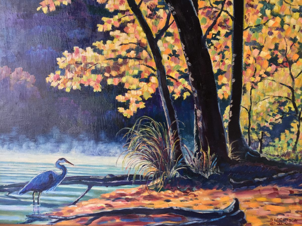 A painting of a heron in a lake in the fall
