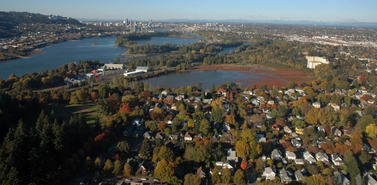 Ariel view of Oaks Bottom Ross Island and downtown Portland, Ore.