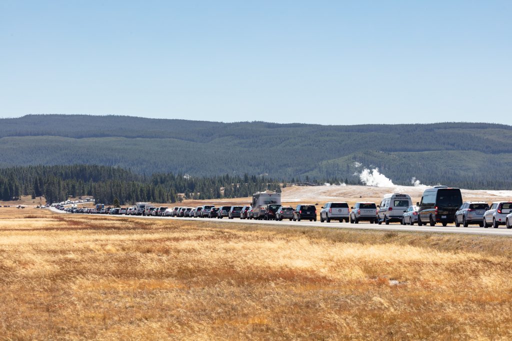 Cars wait in line to enter Yellowstone National Park
