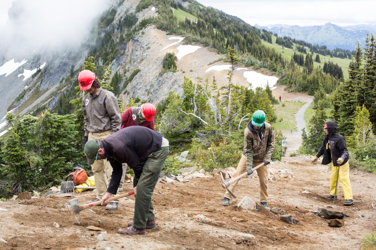 Volunteers work on a trail in Mount Rainier National Park